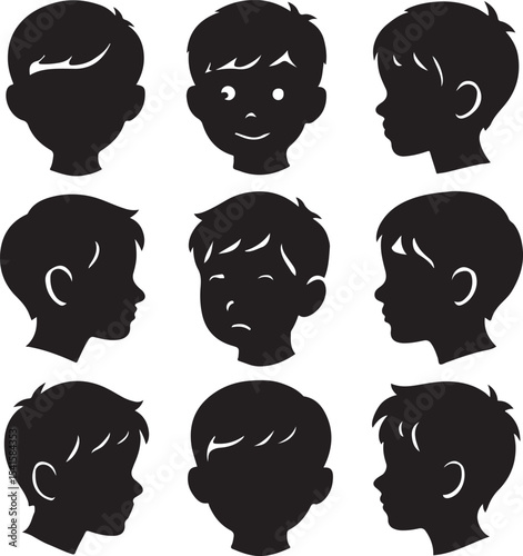 Child Boy Face Silhouette Vector Set – Profile and Front View Head Illustrations on White Background