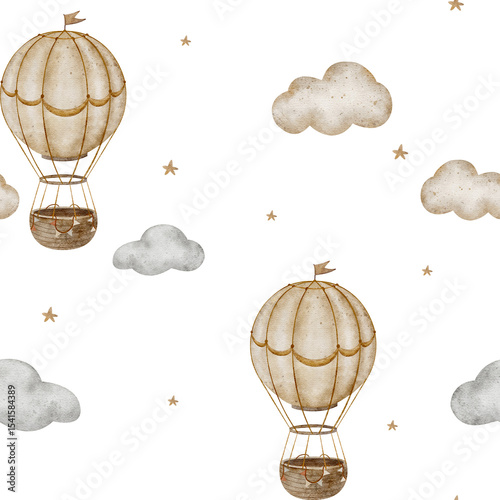 Pattern watercolor vintage hot air balloon in beige clouds. Seamless print in pastel colors. Hand drawn illustrations isolated for design textiles fabrics packaging clothes wallpapers