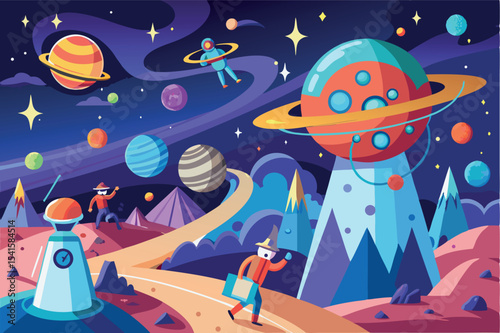 Astro explorers walking on alien landscape with colorful planets and stars