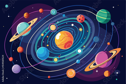 Colorful illustration of planets orbiting a sun in space with vibrant stars and rings representing the solar system