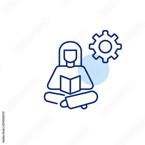 Woman reading book and cogwheel. Learning management, personalized education settings, study optimization, knowledge system configuration, user-driven training. Pixel perfect, editable stroke vector i