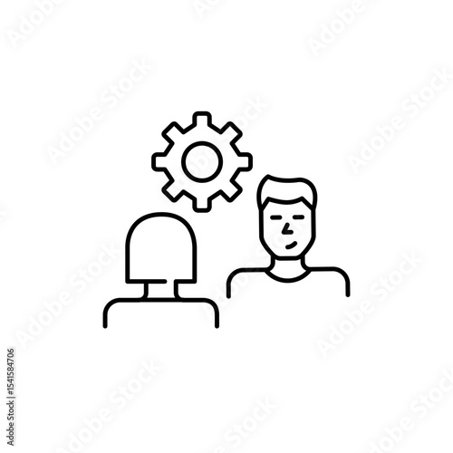 Woman and man on interview or conversation and cogwheel. Collaborative settings, communication management, interview configuration, dialogue optimization, user interaction control. Pixel perfect, edit