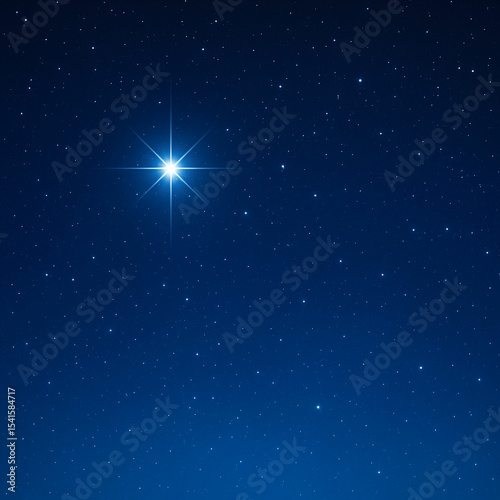Starry night sky with glowing bright star, cosmic deep blue space background, peaceful celestial view ideal for creative and commercial use, unique design Pro.