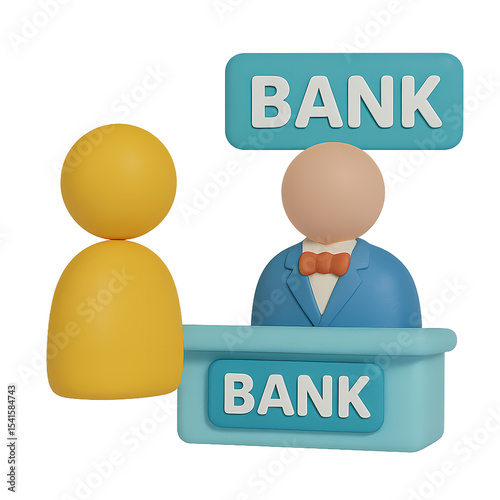 3D icon of a customer and bank officer at counter, representing finance, transactions, and banking services