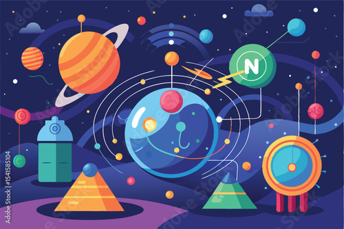 Exploration of the cosmos with vibrant planets and geometric shapes