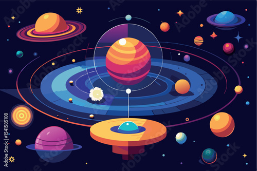 Colorful depiction of the solar system with planets and orbits in a cosmic setting