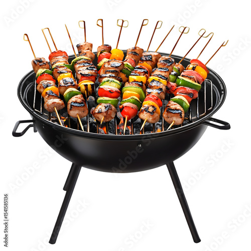 A modern barbecue grill with sizzling skewers of grilled vegetables and meat, isolated on a white background