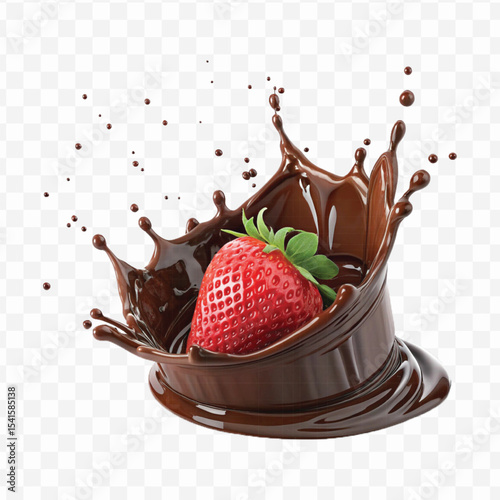 realistic 3d chocolate cream splash into strawberry in crown style isolated on transparent background