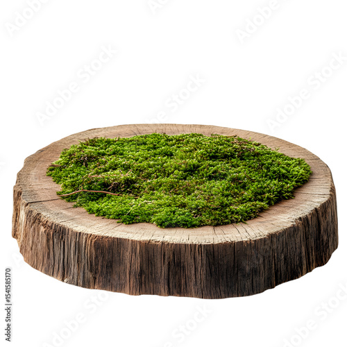 A natural style wooden saw cut round podium with green moss, isolated on a white background