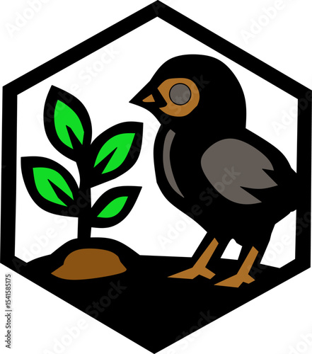 Colorful vector logo of a bird standing near a young green plant inside a black hexagon frame. Perfect for eco-friendly, agriculture, wildlife, or nature conservation branding and designs.