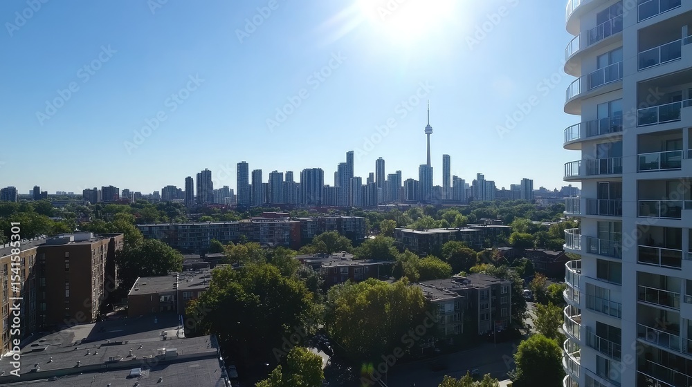 Fototapeta premium Cityscape view with tall buildings, trees, and a prominent tower