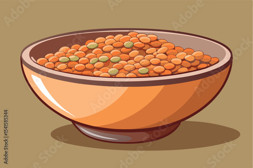 Brightly colored lentils in a shallow bowl on a neutral background