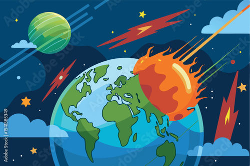 Cosmic event showcases Earth and meteor impact in vibrant space setting with planets and stars