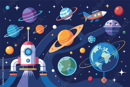 Planets, rockets, and stars in a colorful space illustration