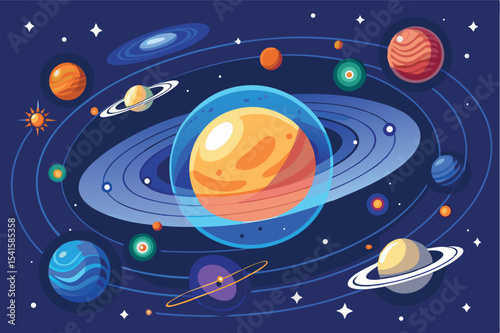 Vibrant depiction of the solar system with colorful planets and stars