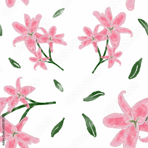 Seamless Pattern Featuring Pink Flowers with Green Leaves on a White Background