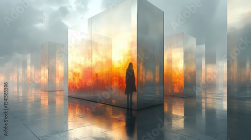 Silhouette in a surreal landscape with a mirror reflection and a glowing sky