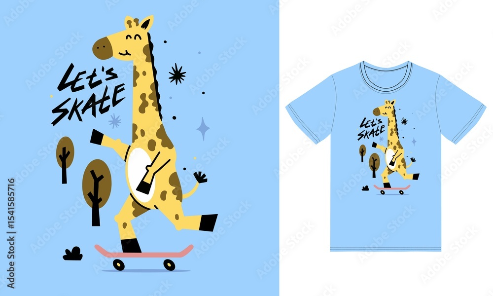 Fototapeta premium Cute giraffe playing skateboard illustration with tshirt design vector