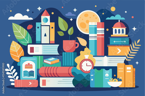 Colorful illustration of books and study objects in a cozy setting at night