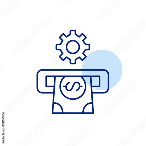 Dollar bill in ATM and cogwheel. Rransaction settings, atm configuration, payment processing, cash withdrawal system, financial operations control. Pixel perfect, editable stroke vector icon