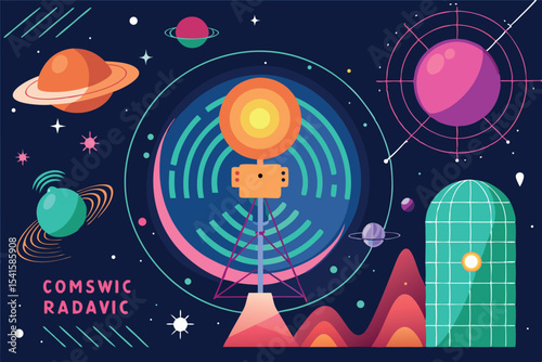 Colorful digital artwork of a space observatory with planets and stars in a cosmic setting