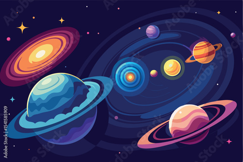 Colorful depiction of planets in a cosmic space environment