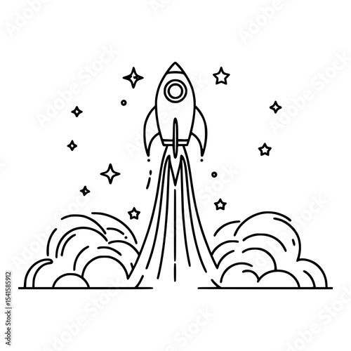 Line art rocket launching into space