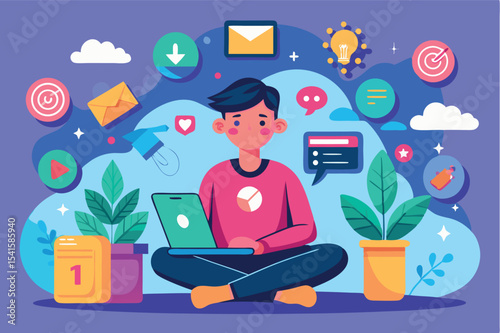 Young person working on a laptop surrounded by digital icons in a colorful environment