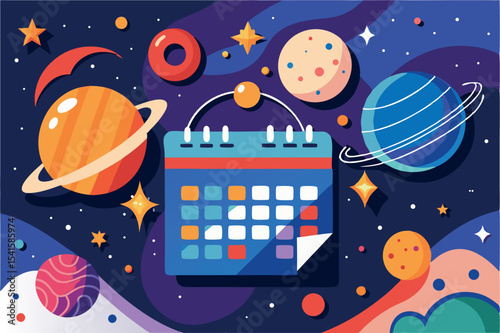 Creative calendar design featuring planets and stars in outer space background