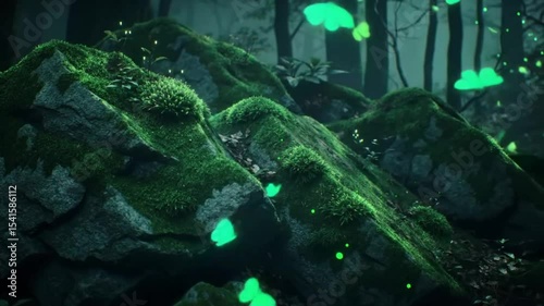 Moss-covered rocks, glowing in a dark forest