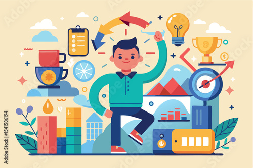 Creative illustration of a person celebrating achievements in a colorful workspace with tools for productivity enhancement