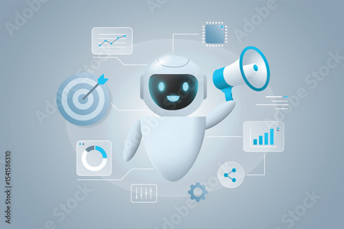 AI Marketing Strategy and Social Media Automation. Artificial intelligence tool for digital marketing content creation, SEO, statistics. AI Helping Marketing Team Concept Vector.
