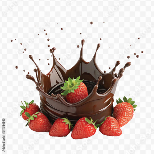 realistic 3d chocolate cream splash into strawberry in crown style isolated on transparent background