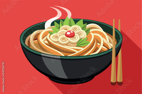 Delicious bowl of noodles served with fresh ingredients on a vibrant red background