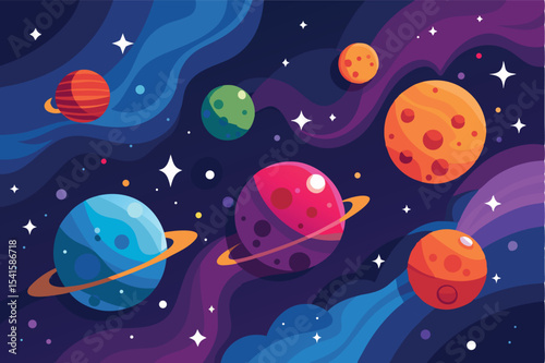 Colorful illustration of various planets in outer space with swirling nebulae and bright stars