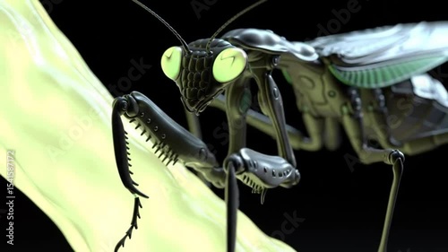 Futuristic praying mantis with glowing eyes, metallic body