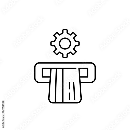 Credit card in ATM and cogwheel. Rransaction settings, atm configuration, payment processing, cash withdrawal system, financial operations control. Pixel perfect, editable stroke vector icon