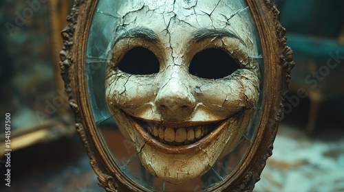 Sinister Smiling Mask in Broken Mirror, Horror Concept