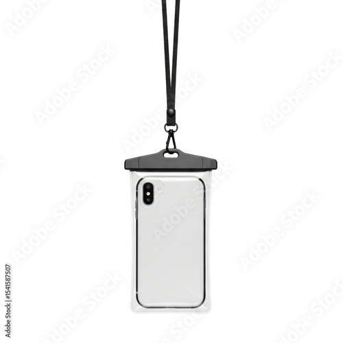 A clear waterproof pouch with a smartphone inside, featuring a black lanyard, ideal for protecting your device during water sports and outdoor adventures.