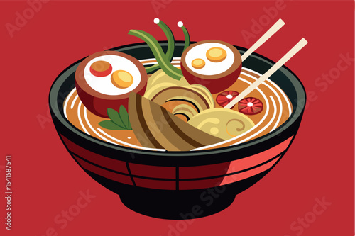 Delicious bowl of ramen with toppings served in traditional style