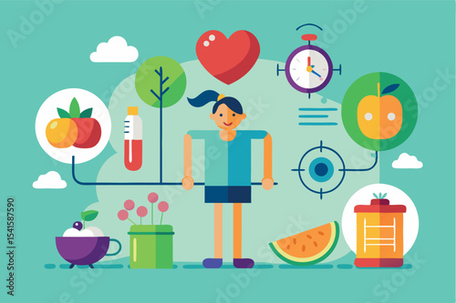 Healthy lifestyle concepts illustrated with vibrant graphics focused on nutrition and exercise in a cheerful setting
