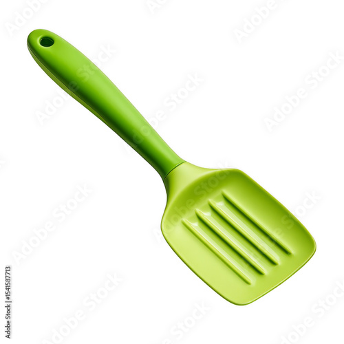 A green plastic slotted spatula with a hole at the handle's end for hanging. Png, Transparent background.