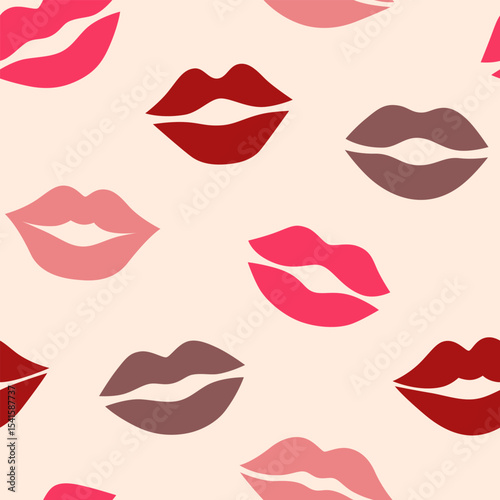 Kiss print seamless pattern. Various woman lips shapes in different colors on neutral beige background. Love, lipstick mark, Valentines Day or World Kiss Day theme wallpaper. Vector illustration.