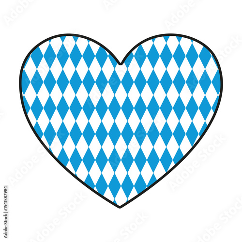 Bavarian diamond pattern in blue and white inside heart shape on white background.