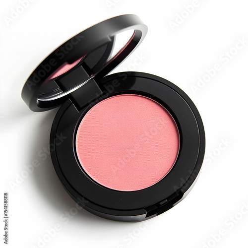 A pink blush in an open black circular case, isolated on a white background