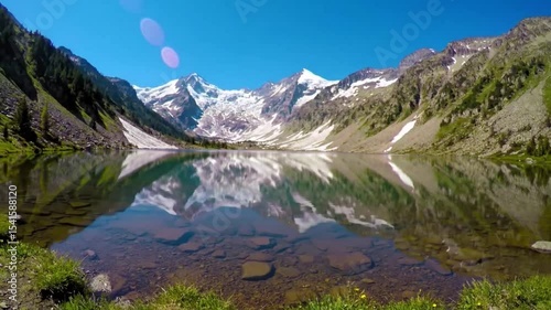 Mountain lake reflecting peaks