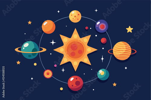 Colorful solar system illustration with planets and sun in a dark background