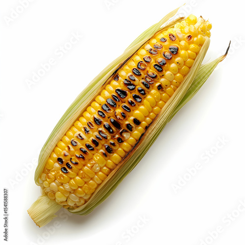 A perfectly grilled corn on the cob with charred marks, isolated on a white background
