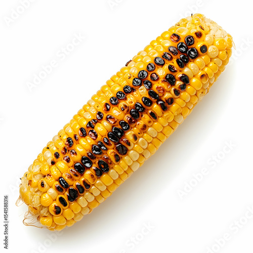 A perfectly grilled corn on the cob with charred marks, isolated on a white background
