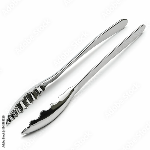 A pair of sleek stainless steel ice tongs with serrated edges, isolated on a white background with clipping path
